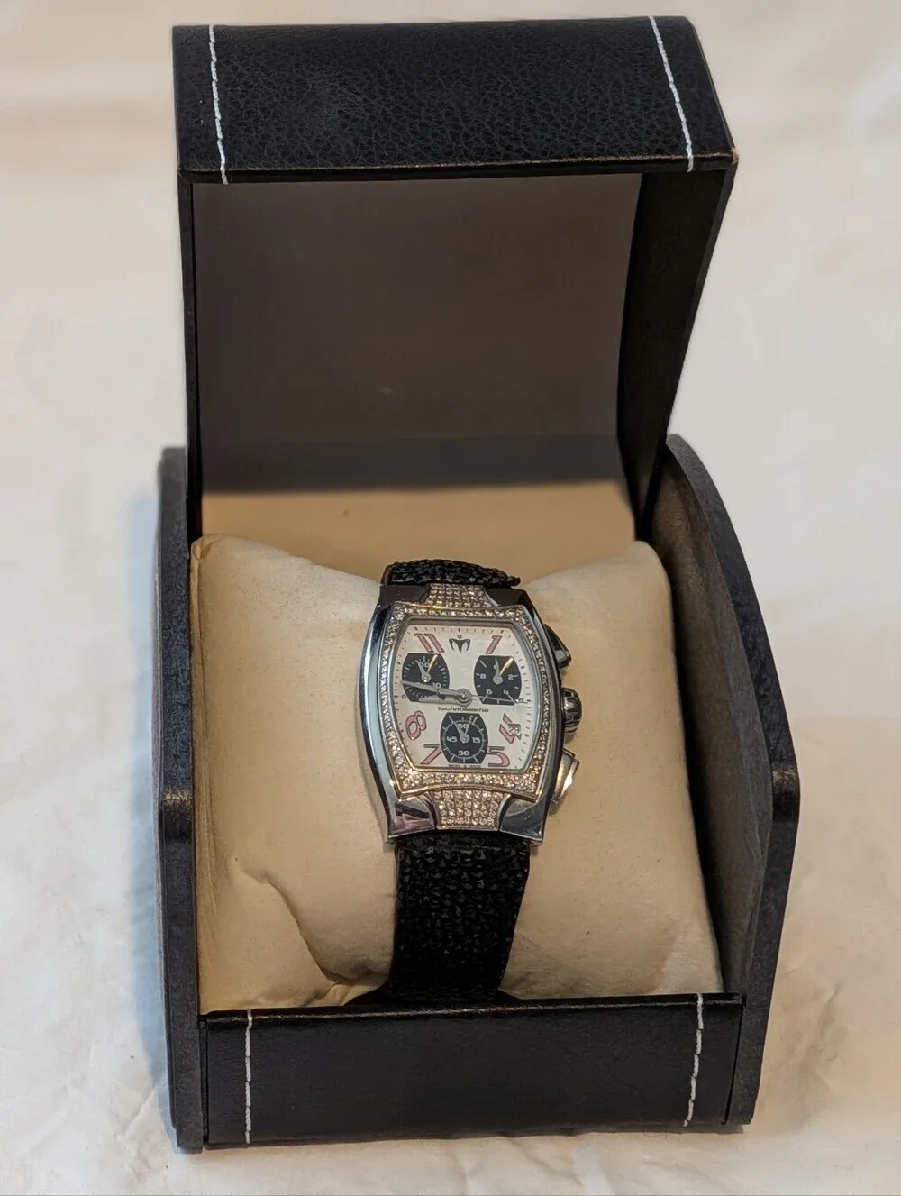 TechnoMarine Women Quartz Chronograph White Dial SS Case Black Leather 10 ATM